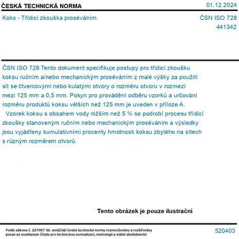 ČSN ISO 728 - Koks - Třídicí zkouška proséváním - Tisk