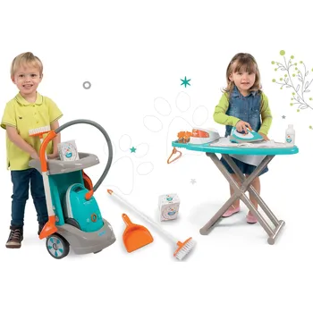 Dětský spotřebič Set úklidový vozík Clean Service a 9 doplňků a žehlicí prkno s elektronickou žehličkou Tefal