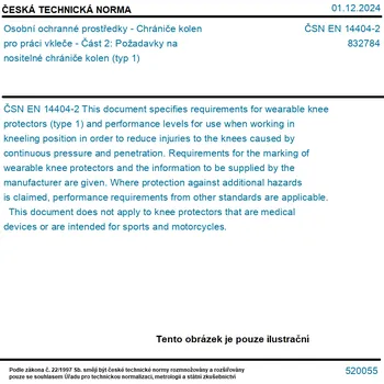 Chránič kolene ČSN EN 14404-2 - Osobní ochranné prostředky - Chrániče kolen pro práci vkleče - Část 2: Požadavky na nositelné chrániče kolen (typ 1) - Tisk