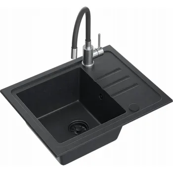 Granitový dřez Dřez BEN 116, černý tečkovaný granitový dřez, 55x44, s černou baterií, flexibilní výlevkou, černým sifonem a černým uzávěrem