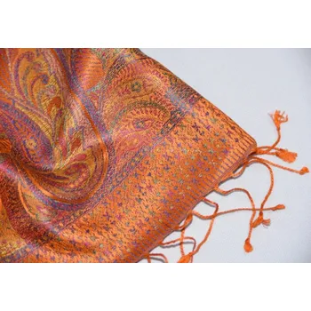 Šála Hedvábná šála Jamawar střední - Oranžová s ornamenty 2