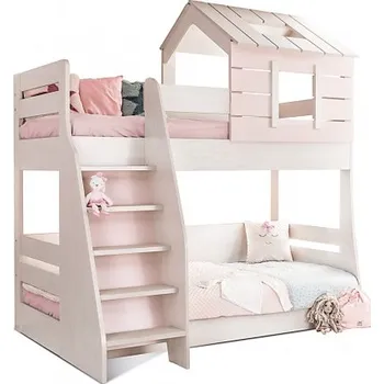 Dětská postel Patrová postel LEVÁ se schůdky Boom - bříza/růžová