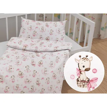 Povlečení Dětské bavlněné povlečení do postýlky Sandra SA-438 Růžové žirafy na bílém Do postýlky 90x130 a 40x60 cm