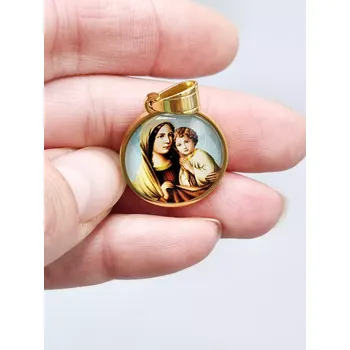 Přívěsek Ocelový přívěsek - Panna Maria kulatá sv. modrá ve zlatém provedení