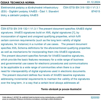ČSN ETSI EN 319 132-1 V1.3.1 - Elektronické podpisy a důvěryhodné infrastruktury (ESI) - Digitální podpisy XAdES - Část 1: Stavební bloky a základní podpisy XAdES - Tisk