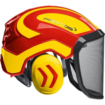 Pracovní přilba Přilba PROTOS® Integral Forest, štít F39, červená/neonově žlutá