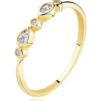 Prsten Prsten ve žlutém 14K zlatě - kulaté a slzičkovité zirkony čiré barvy, lesklá ramena - Velikost: 57