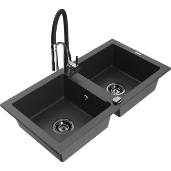Granitový dřez Mexen Mario granitový dřez 2-komorový s kuchyňskou baterií Aster, černý s tečkami - 6504-76-73450-07-B Granitové dřezy s baterií