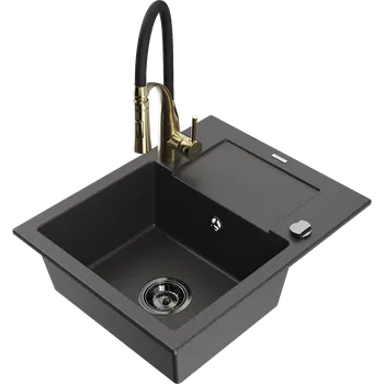 Granitový dřez Mexen Enzo granitový dřez s jednou komorou s odkapávačem a kuchyňskou baterií Aster, černý tečkovaný - 6506-76-73450-57-B Granitové dřezy s baterií