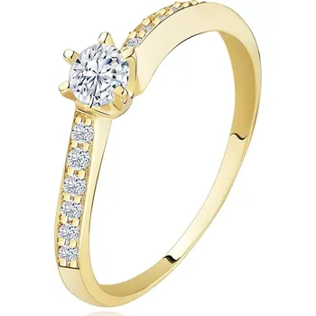 Prsten Zlatý prsten 585 - zvlněná zirkonová ramena, vystupující čirý zirkon - Velikost: 49