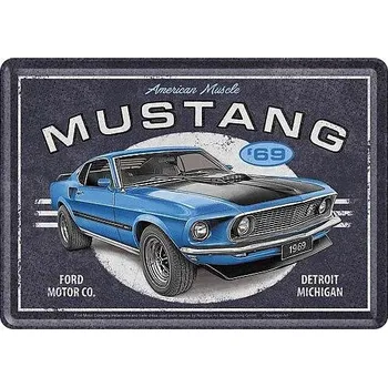 Plechová cedule Retro pohlednice - Ford Mustang 1969 Mach 1 Blue 10x14,5cm