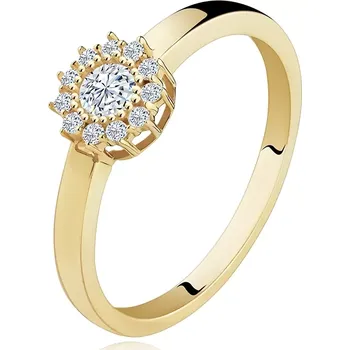 Prsten Prsten ze žlutého 14K zlata - třpytivý květ z kulatých čirých zirkonů - Velikost: 49