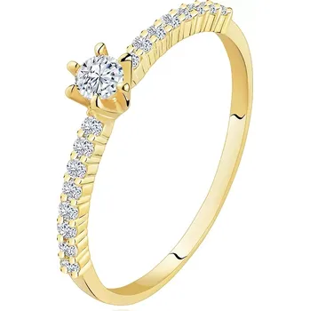 Prsten Prsten ze žlutého 14K zlata - čiré zirkonové linie, vystupující kulatý zirkon - Velikost: 57