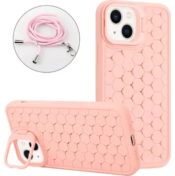 Pouzdro na mobilní telefon Kryt na iPhone 14 Honeycomb s podporou MagSafe a šňůrkou na krk růžový