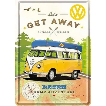 Plechová cedule Retro pohlednice - Volkswagen - Let's Get Away 10x14,5cm