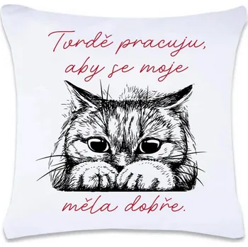 Dekorativní polštářek DOBRÝ TRIKO Polštář s potiskem 40 x 40 cm Tvrdě pracuju kočka Oboustranný tisk: NE