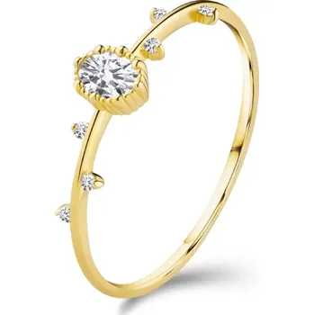 Prsten Prsten ze žlutého 14K zlata - čirý ovál s vroubkovaným okrajem, drobné zirkonky - Velikost: 60