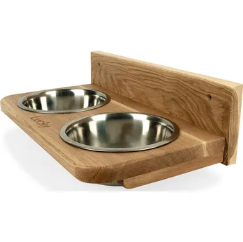 Miska pro psa Svět Tlapky Závěsný stojan na 2 misky pro psa TAPI Dřevina nebo odstín: Borovice (dřevo), Průměr miska (rozměr): miska 13cm (34 x 18cm)