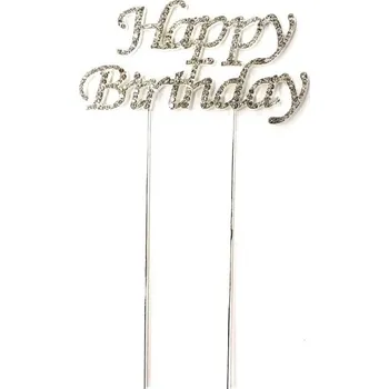 Jedlá dekorace na dort Dortisimo Rose Decor zápich do dortu Happy Birthday stříbrný 4,5 cm