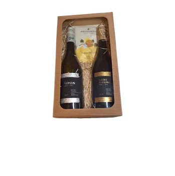 Dárkový potravinový koš Dárkové balení suchá bílá vína Vlašský ryzlink a Šipon, dýňová semínka (suchá bílá vína a pražená slaná dýňová semínka 100 g)