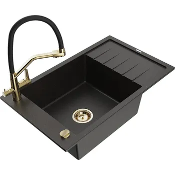Granitový dřez MEXEN/S - Elias granitový dřez s odkapávačem včetně baterie Duo, černá/zlatá metalik 6511-75-671701-57-G