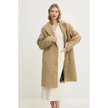 Dámský kabát Kabát s příměsí vlny Tommy Jeans béžová barva, přechodný, oversize, DW0DW20166 80X, vel. L