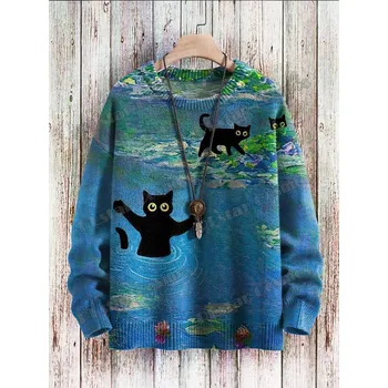 Dámský svetr Svetr s potiskem barevný vzor a kočky 3D CS413 Velikost: 5XL, Barva (Varianta): Svetr 3