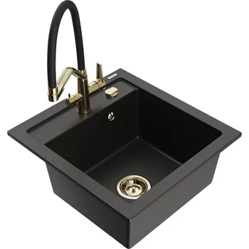 Granitový dřez MEXEN/S - Vito granitový dřez 1-miska včetně baterie Duo, černá/zlatá metalik 6503-75-671701-57-G