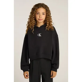 Chlapecká mikina Dětská mikina Calvin Klein Jeans černá barva, s kapucí, hladká, IG0IG02755 IG0IG02755.PPYA 99X, vel. 128