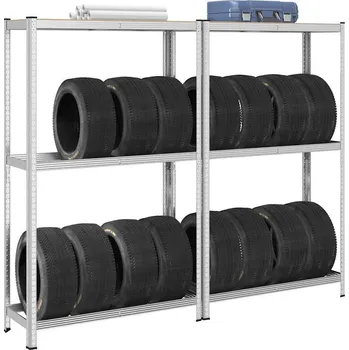 Dílenský regál vidaXL 2patrový policemi na pneumatiky 2 ks stříbrná 110x40x180 cm [4016969]