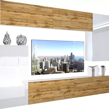 Obývací stěna Obývací stěna Belini Premium Full Version bílý lesk / dub wotan + LED osvětlení Nexum 124 NEX 8/0/W/DWWWDW/0/0/PP