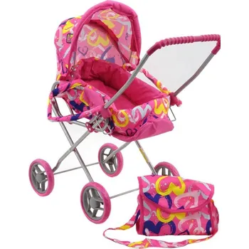 Panenka Kočárek pro panenku miminko růžový hluboký s taškou 3v1 srdíčka