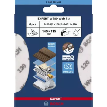 Brusný papír 6x Pěnová brusná síťka Bosch EXPERT W480 1/4 - 115x140mm, zr.120/180/240/320 (2608902431)