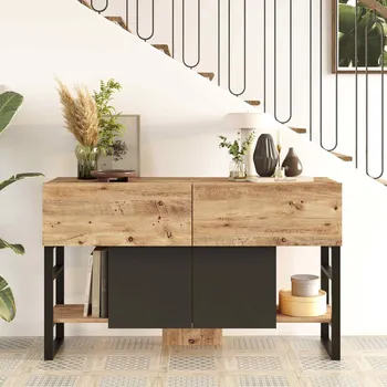 Konzolový stolek Industriální konzolový stolek SALAP 139 cm, lamino borovice, kov černý matný lak