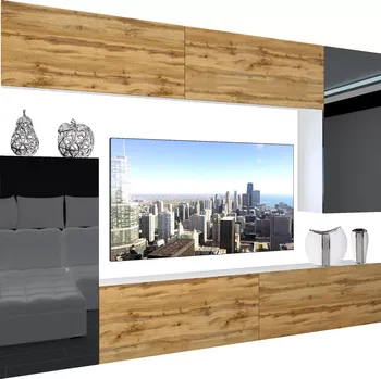 Obývací stěna Obývací stěna Belini Premium Full Version černý lesk / dub wotan + LED osvětlení Nexum 127 NEX 8/0/W/DWBBDW/0/0/PP