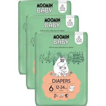 jednorázová plena Moomin Baby 6 Maxi 12–24 kg měsíční balení eko plen 102 ks