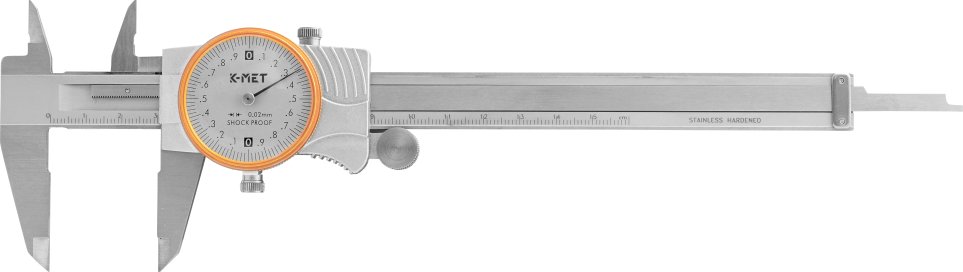 Posuvné měřítko s číselníkovým úchylkoměrem K-MET 150 mm, 0,02 mm, nárazuvzdorný, ČSN 25 1235, DIN 862 (6013-02-150)