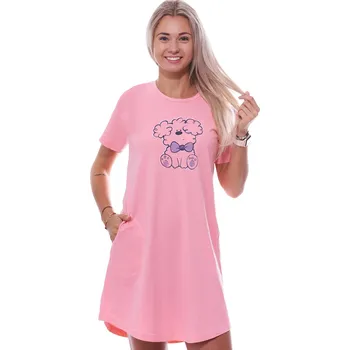 Dámská noční košile Růžová noční košilka s krátkými rukávy pro ženy či dívky s pejskem 1C3821 růžová s
