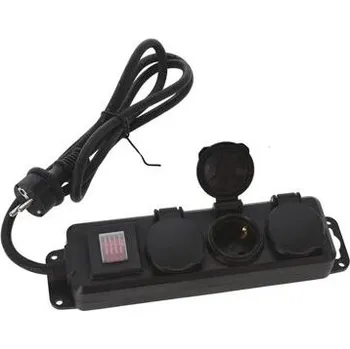 Prodlužovací kabel kabel 230V prodlužovací 1,4m, 3 zásuvky s krytem, 3*1,5mm2, IP44, černý, 387053