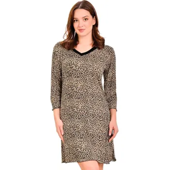 Dámská noční košile Hnědá i béžová luxusní jemná dámská noční košilka s 3/4 rukávy vzor jaguár 1D1469 hnědá s