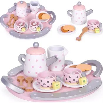 nádobí do dětské kuchyňky ECOTOYS W10D824 dřevěná čajová souprava 15 ks