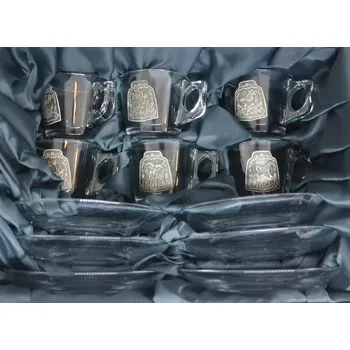 Myslivecká sada mocca šálků a podšálků s cínovým zdobením (Skleněné hrnky)