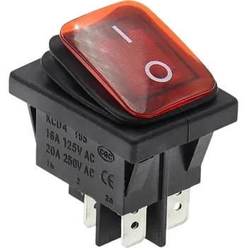 vypínač Kolébkový vypínač obdélníkový s podsvícením KCD4, IP65, 250V/16A Červená