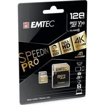 Paměťová karta Paměťová karta "SpeedIN", microSDXC, 128GB, UHS-I/U3/V30/A2, 100/95 MB/s, adaptér, EMTEC ECMSDM128GX