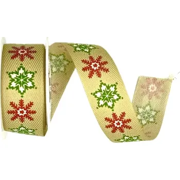 Stuha Vánoční stuha látková LET IT SNOW 25mm x 2m (6,-Kč/m) (Vánoční stuha, barva přírodní, jednostranný potisk vločky)