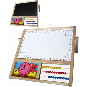 Kancelářský nábytek DŘEVO Tabule dětská závěsná/stolní na křídy i fixy s počitadlem a hodinami naučná