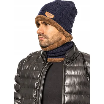 Čepice Fashionweek Pánská souprava čepice + komín s kožešinou BE01 Barva: Tmave modry, Velikost: Universal