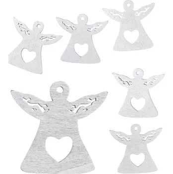 Vánoce Anděl dřevěný s lepíkem 4,5 cm, stříbrný, 6ks 3061