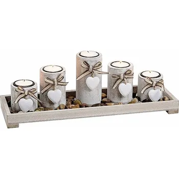Svícen Sada pěti svícnů ze dřeva na podnosu 11 x 12 x 38 cm