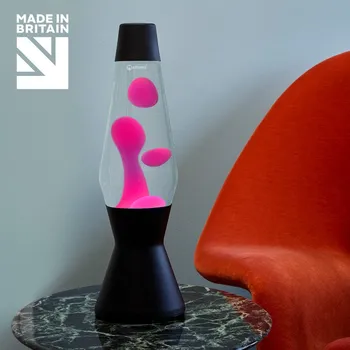 Lampa pro světelnou terapii Mathmos Astro Black, originální lávová lampa, matně černá s čirou tekutinou a růžovou lávou, výška 43cm